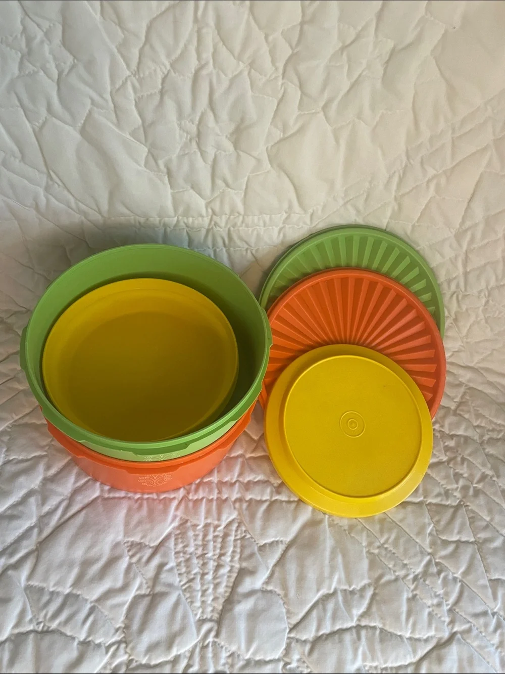 Tupperware Orange, Yellow & Green Round Storage Bowls with Lids